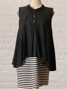 LAVENA- black & white stripe sleeveless dress with sheer black swing overlay